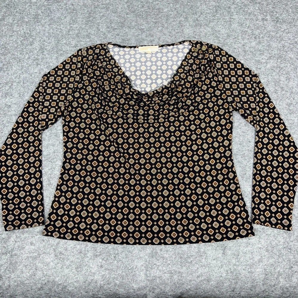 Michael Kors Top Womens Large Black Gold Medallion Draped‎ Neck Blouse Shirt